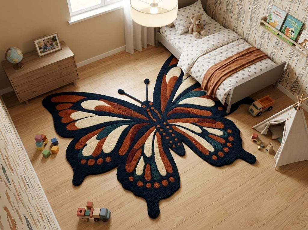 Shubham-Art-Rugs-hand-tufted-new-zealand-wool-butterfly-rug-boho-nursery-floor-art A large butterfly-shaped area rug in navy, rust orange, cream, and teal is shown on a light wood floor in a styled children's bedroom with a bed, dresser, toys, and a teepee.