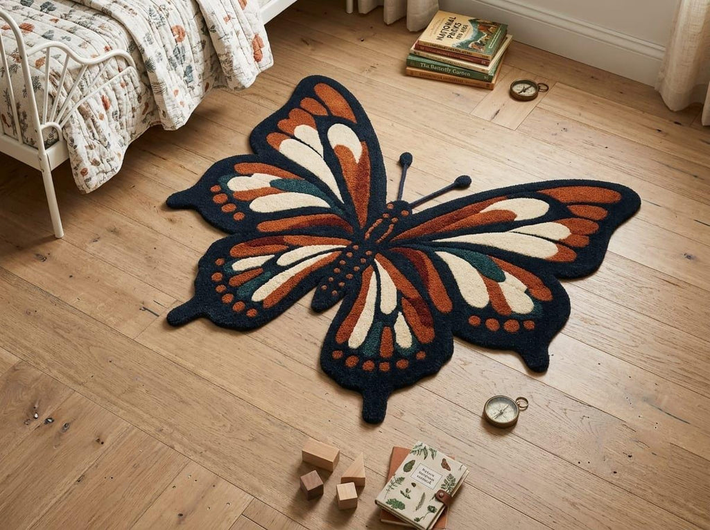 Modern-boho-kids-playroom-nursery-interior-styling-featuring-luxury-shaped-butterfly-accent-carpet A large butterfly-shaped area rug with orange, cream, and dark navy wings lies on a light wood floor in a child's bedroom setting, surrounded by toys, books, and a bed.