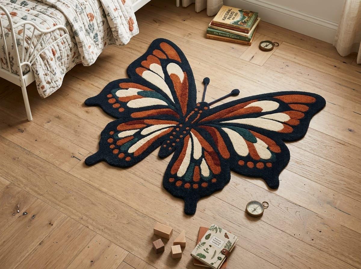 Modern-boho-kids-playroom-nursery-interior-styling-featuring-luxury-shaped-butterfly-accent-carpet A large butterfly-shaped area rug with orange, cream, and dark navy wings lies on a light wood floor in a child's bedroom setting, surrounded by toys, books, and a bed.