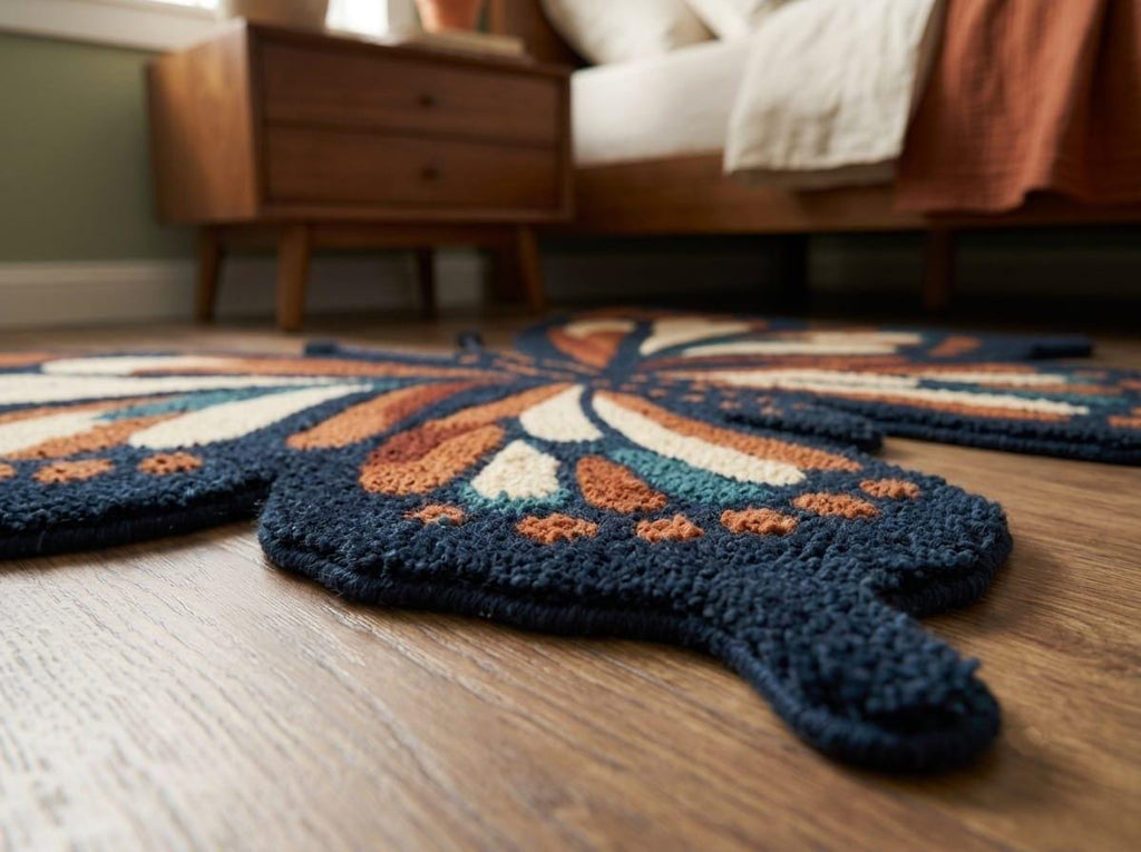 Shubham-Art-Rugs-hand-tufted-new-zealand-wool-butterfly-rug-boho-nursery-floor-art A close-up of a butterfly-shaped area rug with a textured, raised pile design in navy blue, orange, cream, and teal, placed on a light brown wooden floor in a bedroom setting.