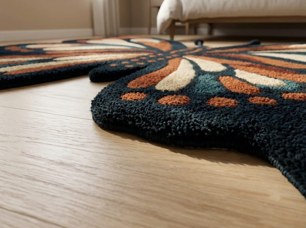 Detailed-3d-hand-carved-high-low-pile-texture-new-zealand-wool-pink-and-rust-butterfly-wing-rug A close-up of a butterfly-shaped area rug with a textured, high-pile shaggy surface, featuring a dark navy blue base with orange, cream, and teal butterfly wing patterns, shown on a light wood floor in a room setting.
