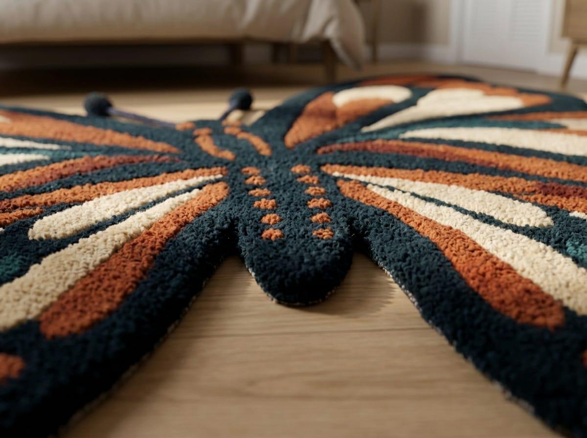 Shubham-Art-Rugs-hand-tufted-new-zealand-wool-butterfly-rug-boho-nursery-floor-art
A close-up of a butterfly-shaped area rug with textured, raised sections in dark navy, rust orange, cream, and teal, laid out on a light wood floor in a softly blurred room setting.