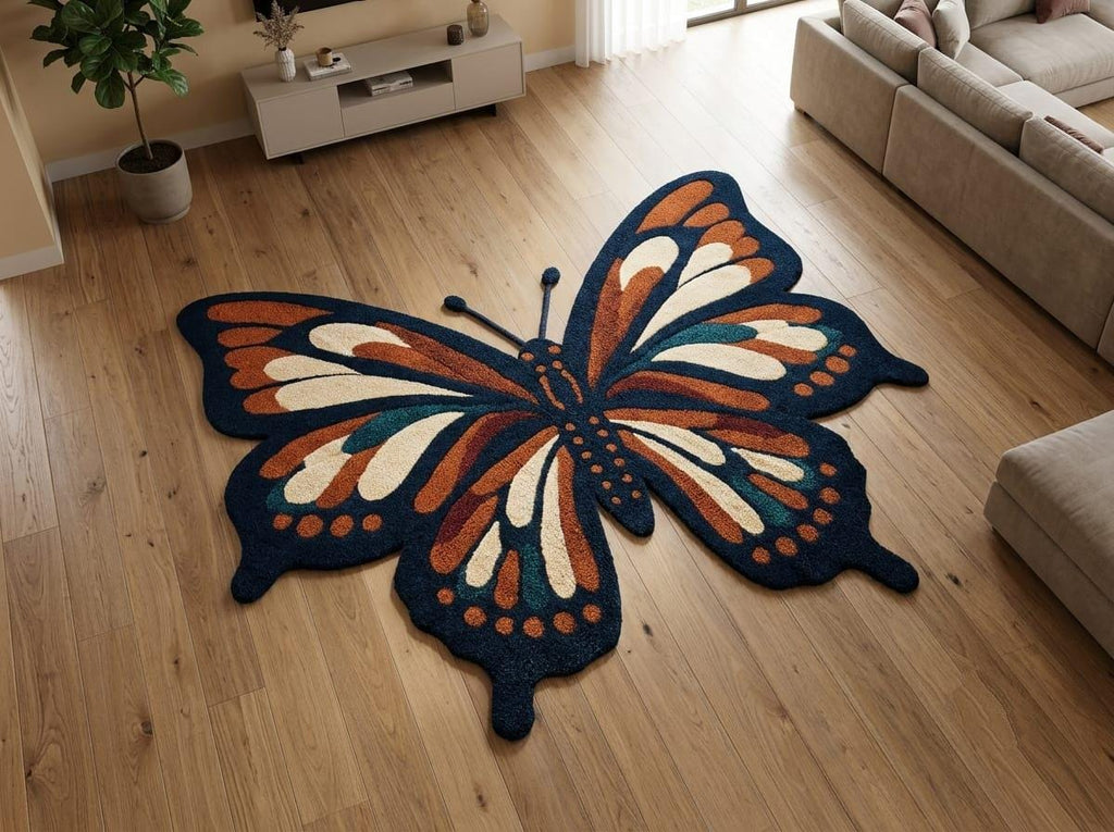 Shubham-Art-Rugs-hand-tufted-new-zealand-wool-butterfly-rug-boho-nursery-floor-art A large butterfly-shaped area rug with orange, cream, and teal details on a dark navy base, displayed on a light wood floor in a modern living room setting.