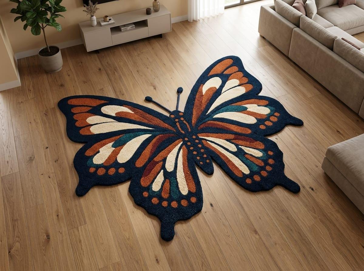 Shubham-Art-Rugs-hand-tufted-new-zealand-wool-butterfly-rug-boho-nursery-floor-art A large butterfly-shaped area rug with orange, cream, and teal details on a dark navy base, displayed on a light wood floor in a modern living room setting.