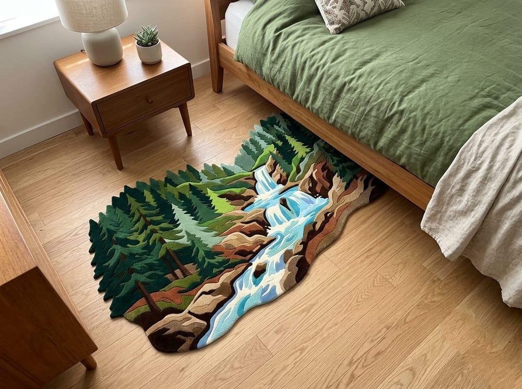  Shubham-Art-Rugs-hand-tufted-new-zealand-wool-forest-waterfall-nature-landscape-area-rug-rectangular A landscape-shaped area rug featuring a forest and waterfall design, styled on a light wood floor next to a bed with green bedding.