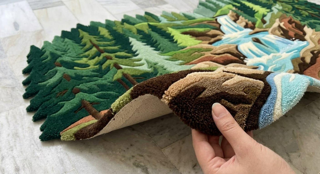 Detailed-hand-carved-multi-level-high-low-pile-texture-new-zealand-wool-scenic-woodland-rug  A close-up of a hand lifting the corner of a textured, multicolor landscape rug to show its pile and backing, set on a light-colored tile floor.