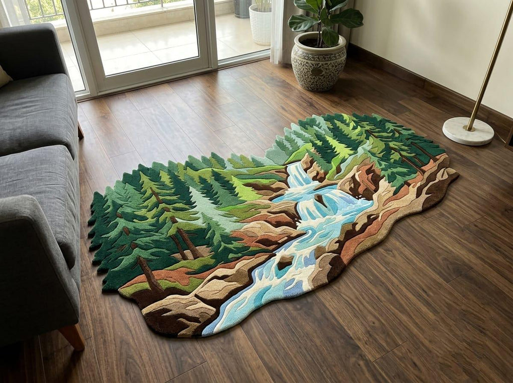 Shubham-Art-Rugs-hand-tufted-new-zealand-wool-forest-waterfall-nature-landscape-area-rug-rectangular  A large, textured area rug shaped like a forest landscape with a waterfall and winding river, displayed on a dark wood floor in a modern living room next to a gray sofa.