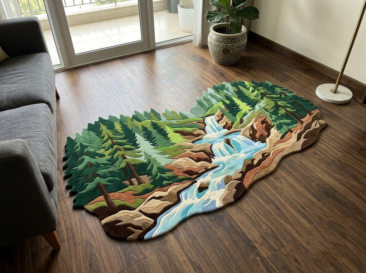 Shubham-Art-Rugs-hand-tufted-new-zealand-wool-forest-waterfall-nature-landscape-area-rug-rectangular  A large, textured area rug shaped like a forest landscape with a waterfall and winding river, displayed on a dark wood floor in a modern living room next to a gray sofa.