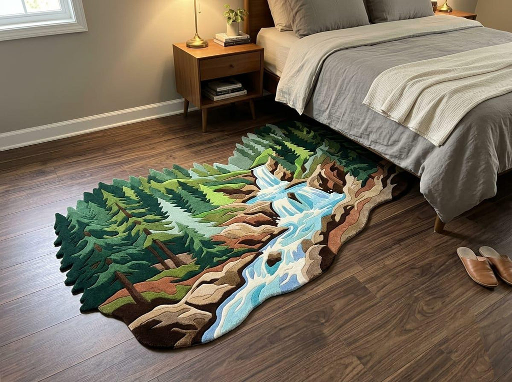  Shubham-Art-Rugs-hand-tufted-new-zealand-wool-forest-waterfall-nature-landscape-area-rug-rectangular A large, textured area rug shaped like a forest landscape with a waterfall and winding river, styled on a dark wood floor in a bedroom next to a bed.