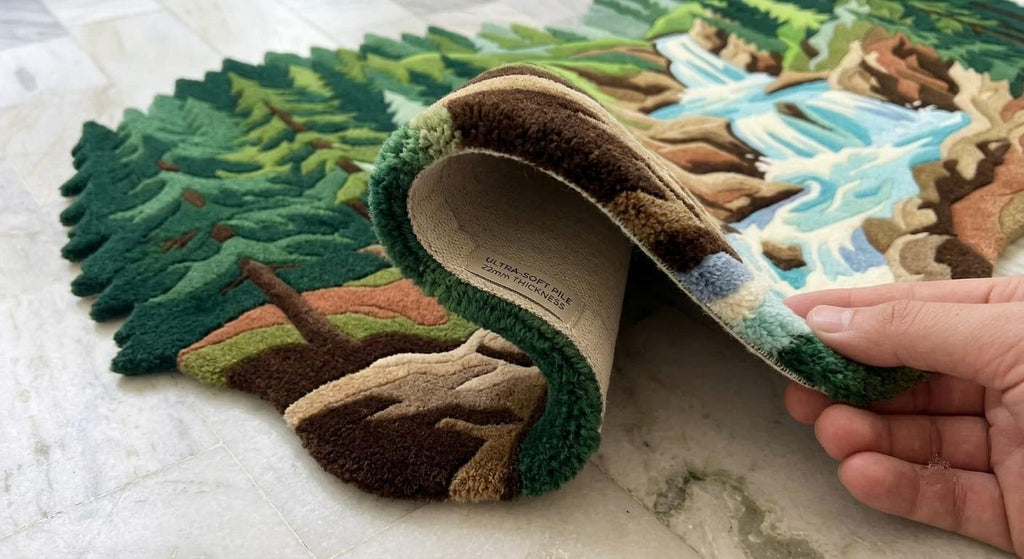 Shubham-Art-Rugs-hand-tufted-new-zealand-wool-forest-waterfall-nature-landscape-area-rug-rectangular  A close-up of a hand lifting a rolled section of a landscape rug to show its thick pile and backing. The rug features a detailed forest and river scene with green pines, brown trees, beige hills, and a blue stream, laid out on a light marble floor.