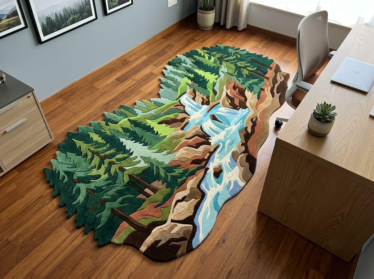 Modern-rustic-cabin-living-room-interior-decorated-with-large-rectangular-green-forest-waterfall-wool-carpet  A large, irregularly shaped area rug featuring a detailed landscape design of a forest, waterfall, and rocky riverbed, styled on a hardwood floor in a modern home office next to a wooden desk.