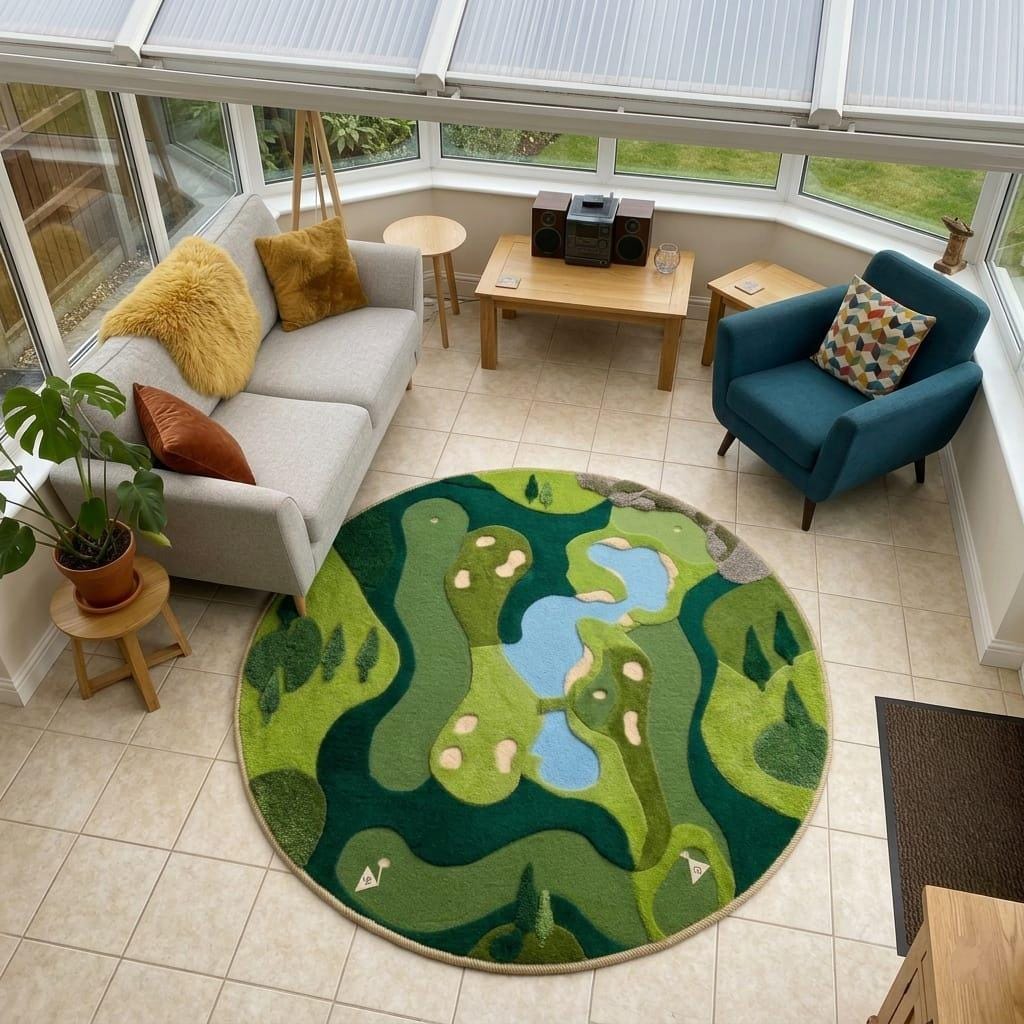 Modern-game-room-office-interior-styling-featuring-luxury-shaped-golf-course-wool-carpet A round area rug with a golf course landscape pattern in shades of green, blue, and beige, styled on a tiled floor in a bright conservatory with a sofa, armchair, and coffee table.