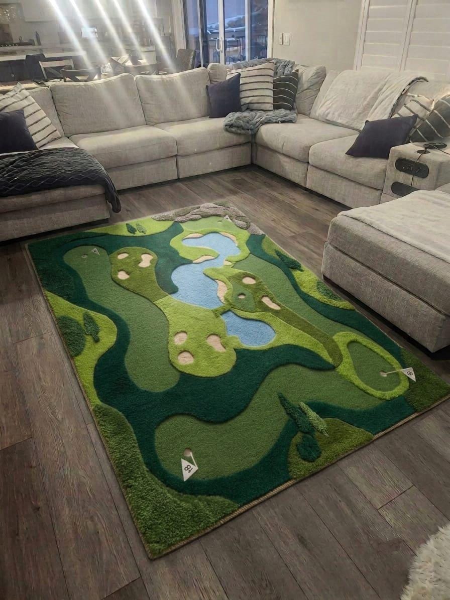 Shubham-Art-Rugs-hand-tufted-new-zealand-wool-golf-course-rug-novelty-sports-area-decor A rectangular area rug with a golf course landscape design in shades of green, blue, and beige, shown on a dark wood floor in a living room with a light beige sectional sofa.