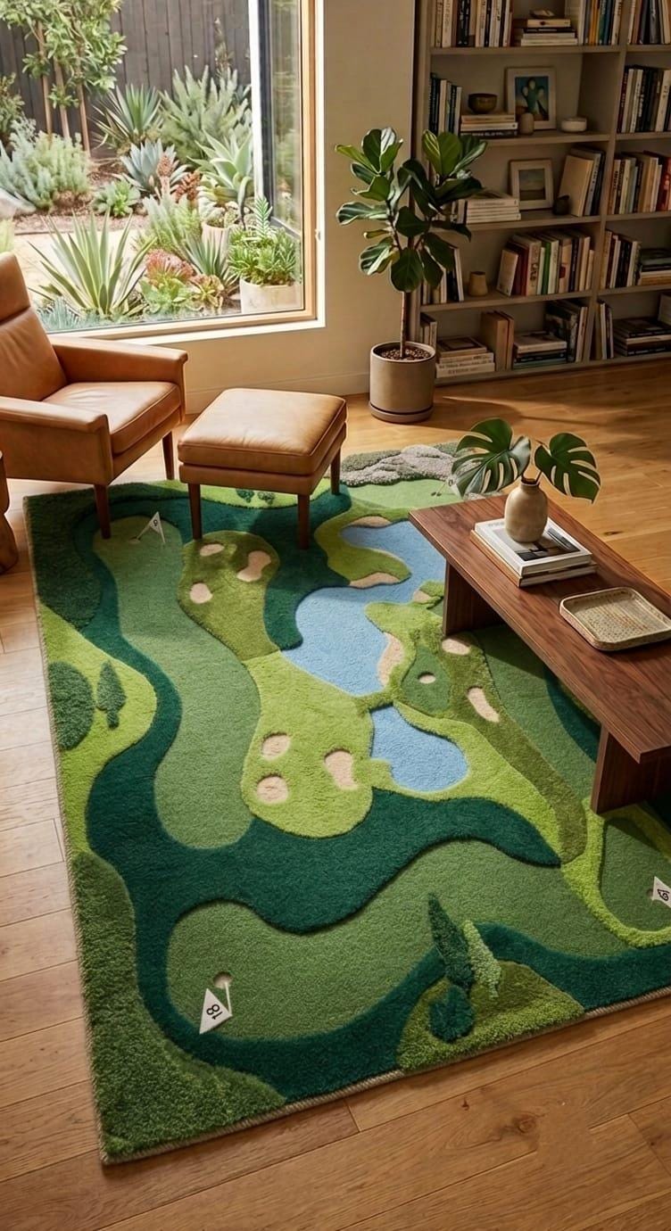 Shubham-Art-Rugs-hand-tufted-new-zealand-wool-golf-course-rug-novelty-sports-area-decor A rectangular area rug with a golf course landscape design in shades of green, blue, and beige, styled in a modern living room setting.