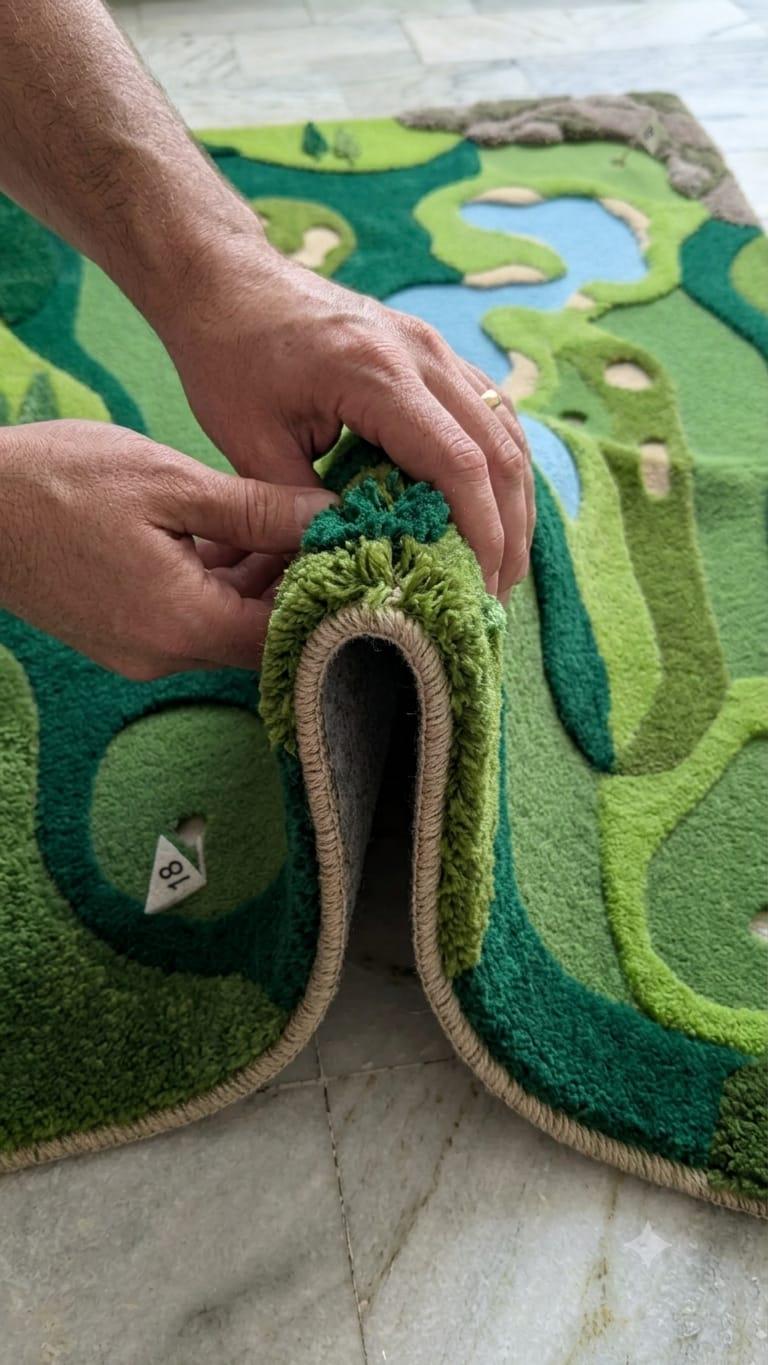 A close-up of a person's hands lifting the corner of a plush green rug with a golf-course-style pattern, showing the looped pile and beige edge trim on a light stone floor.Detailed-3d-topography-hand-carved-high-low-pile-texture-sports-green-golf-rugShubham-Art-Rugs-hand-tufted-new-zealand-wool-golf-course-rug-novelty-sports-area-decor