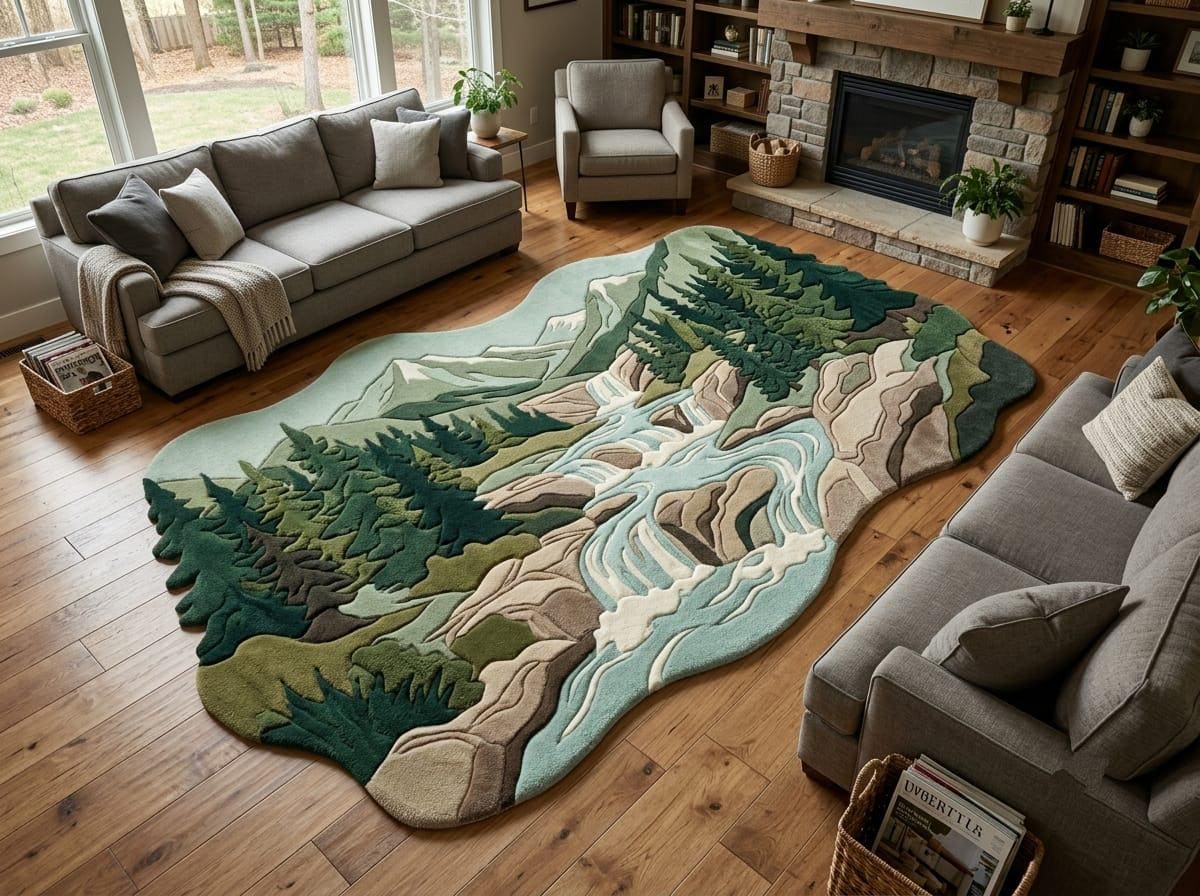  Modern-organic-living-room-styling-with-irregular-shaped-green-nature-mountain-landscape-area-rug A large, multi-layered landscape area rug featuring a mountain and river scene in shades of green, beige, and blue, styled in a modern living room with gray sofas and a wood fireplace.