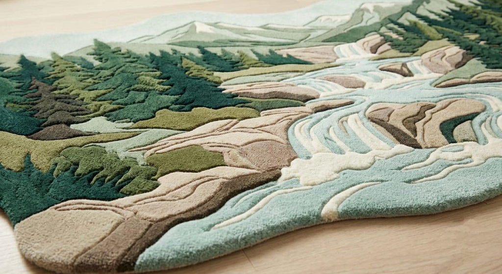  Detailed-hand-carved-high-low-pile-texture-new-zealand-wool-green-forest-beige-mountain-rug A close-up of a textured area rug featuring a 3D mountain and river landscape design in shades of green, beige, and light blue, laid out on a light wood floor.