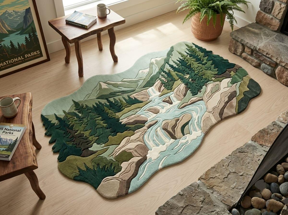  Shubham-Art-Rugs-hand-tufted-new-zealand-wool-mountain-landscape-rug-organic-forest-river-design-3d-sculpted-silhouette A large, irregularly shaped area rug featuring a detailed mountain and river landscape design, styled on a light wood floor in a cozy room setting near a fireplace and wooden tables.