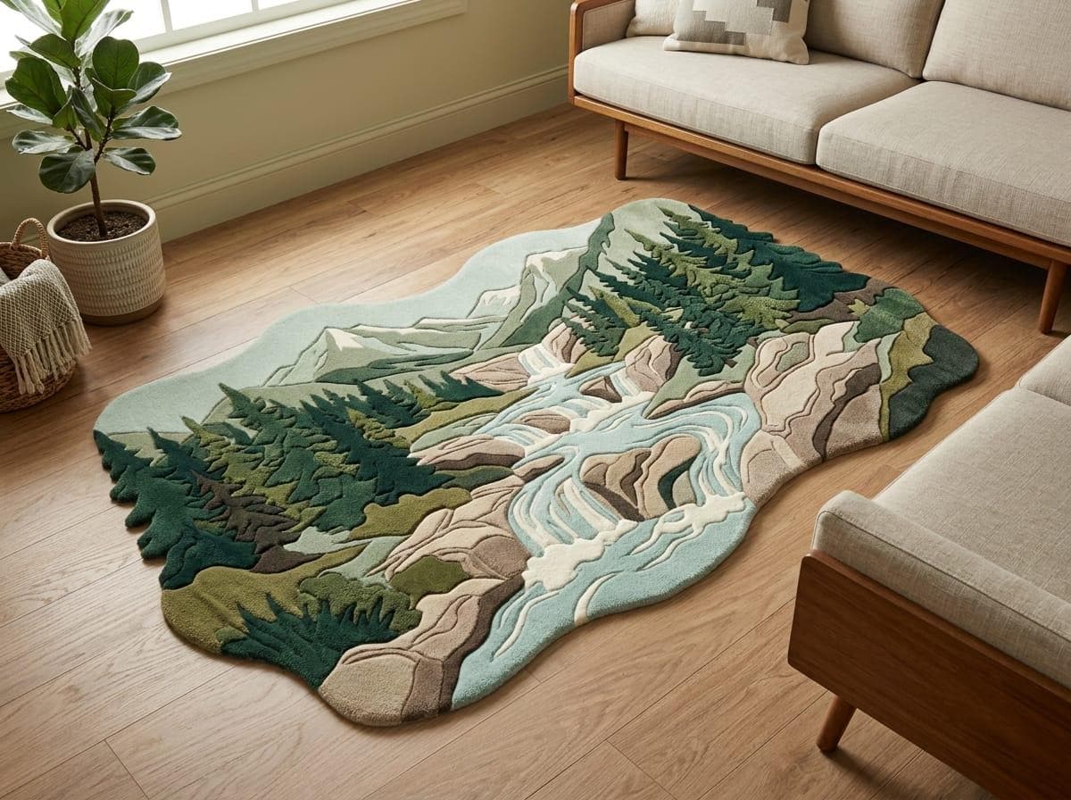 Modern-organic-living-room-styling-with-irregular-shaped-green-nature-mountain-landscape-area-rug  A large, irregularly shaped area rug featuring a 3D mountain and river landscape design, styled on a light wood floor in a modern living room setting.