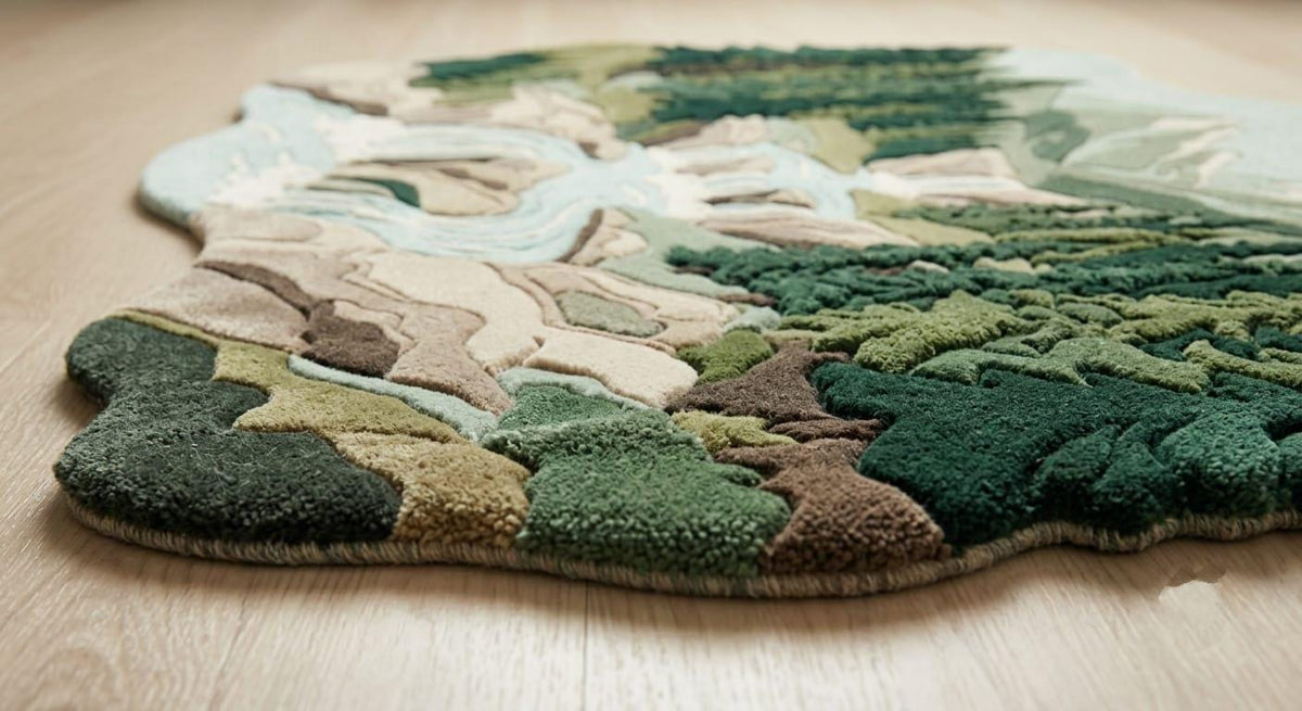 Shubham-Art-Rugs-hand-tufted-new-zealand-wool-mountain-landscape-rug-organic-forest-river-design-3d-sculpted-silhouette  A close-up of a textured, landscape-shaped area rug with a 3D topography design of green forests, beige hills, and light blue waterways, shown on a light wood floor.