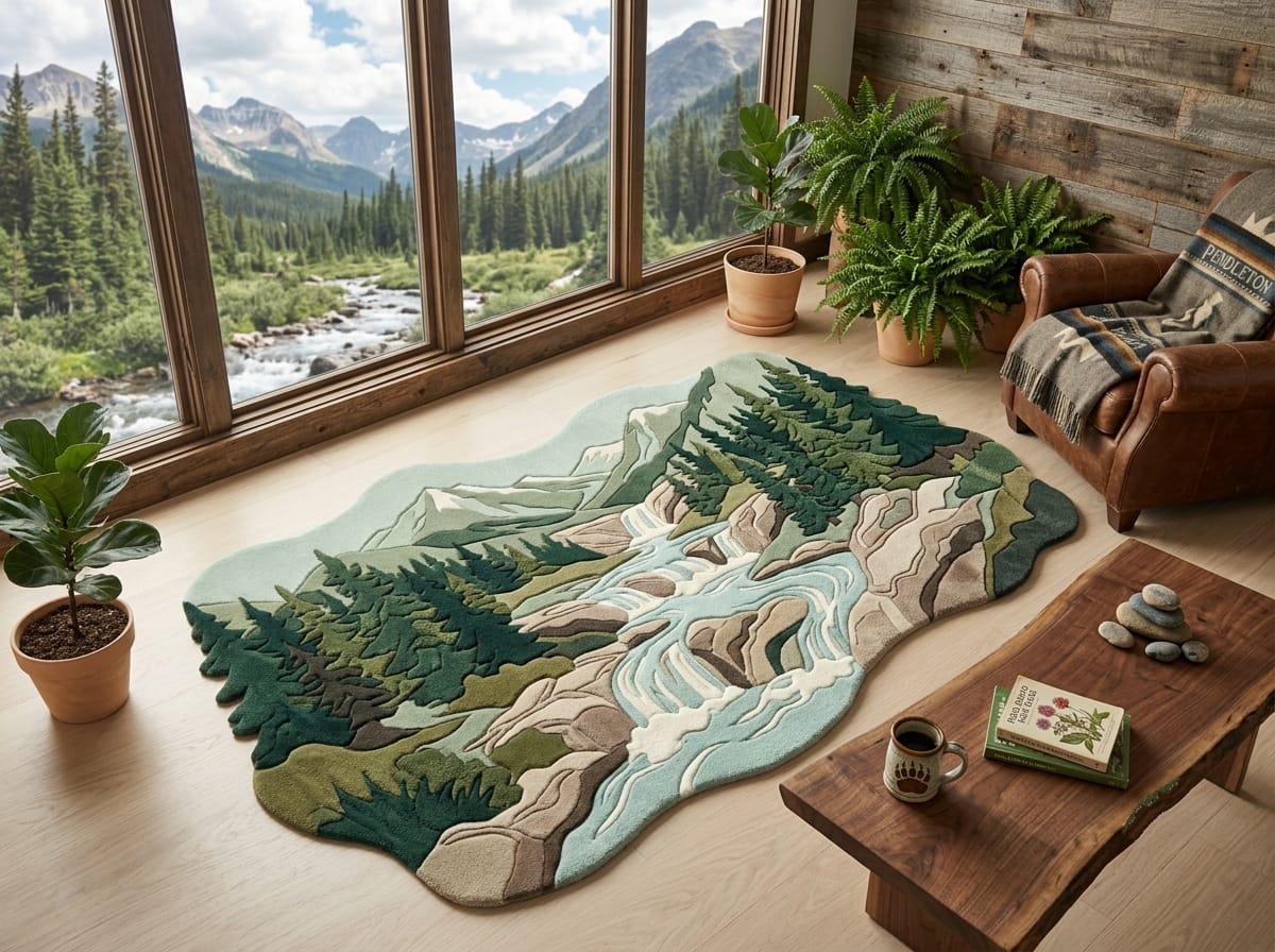 Shubham-Art-Rugs-hand-tufted-new-zealand-wool-mountain-landscape-rug-organic-forest-river-design-3d-sculpted-silhouette  A large, textured area rug featuring a 3D mountain landscape with pine trees and a winding river, styled in a cozy mountain-view living room next to large windows.