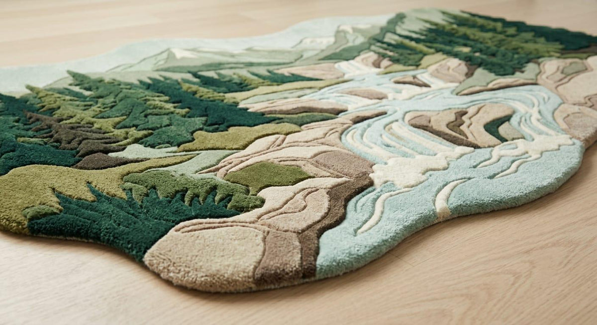  Shubham-Art-Rugs-hand-tufted-new-zealand-wool-mountain-landscape-rug-organic-forest-river-design-3d-sculpted-silhouette A landscape-shaped area rug with a 3D textured design of a forest, mountains, and a winding river, shown on a light wood floor.