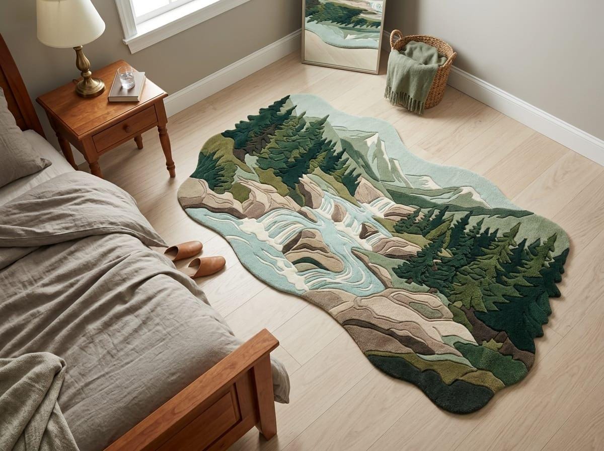  Shubham-Art-Rugs-hand-tufted-new-zealand-wool-mountain-landscape-rug-organic-forest-river-design-3d-sculpted-silhouette A landscape-shaped area rug with a detailed mountain stream and pine forest design, styled on a light wood floor in a bedroom next to a bed and bedside table.