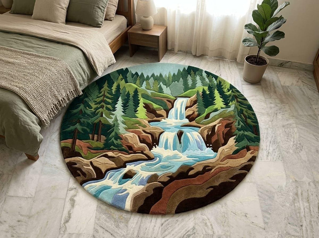 Shubham-Art-Rugs-hand-tufted-new-zealand-wool-round-rug-forest-waterfall-landscape-rustic-cabin-decor  A round area rug featuring a scenic landscape of a waterfall flowing through a forested mountain valley, styled on a light marble floor in a bedroom setting.