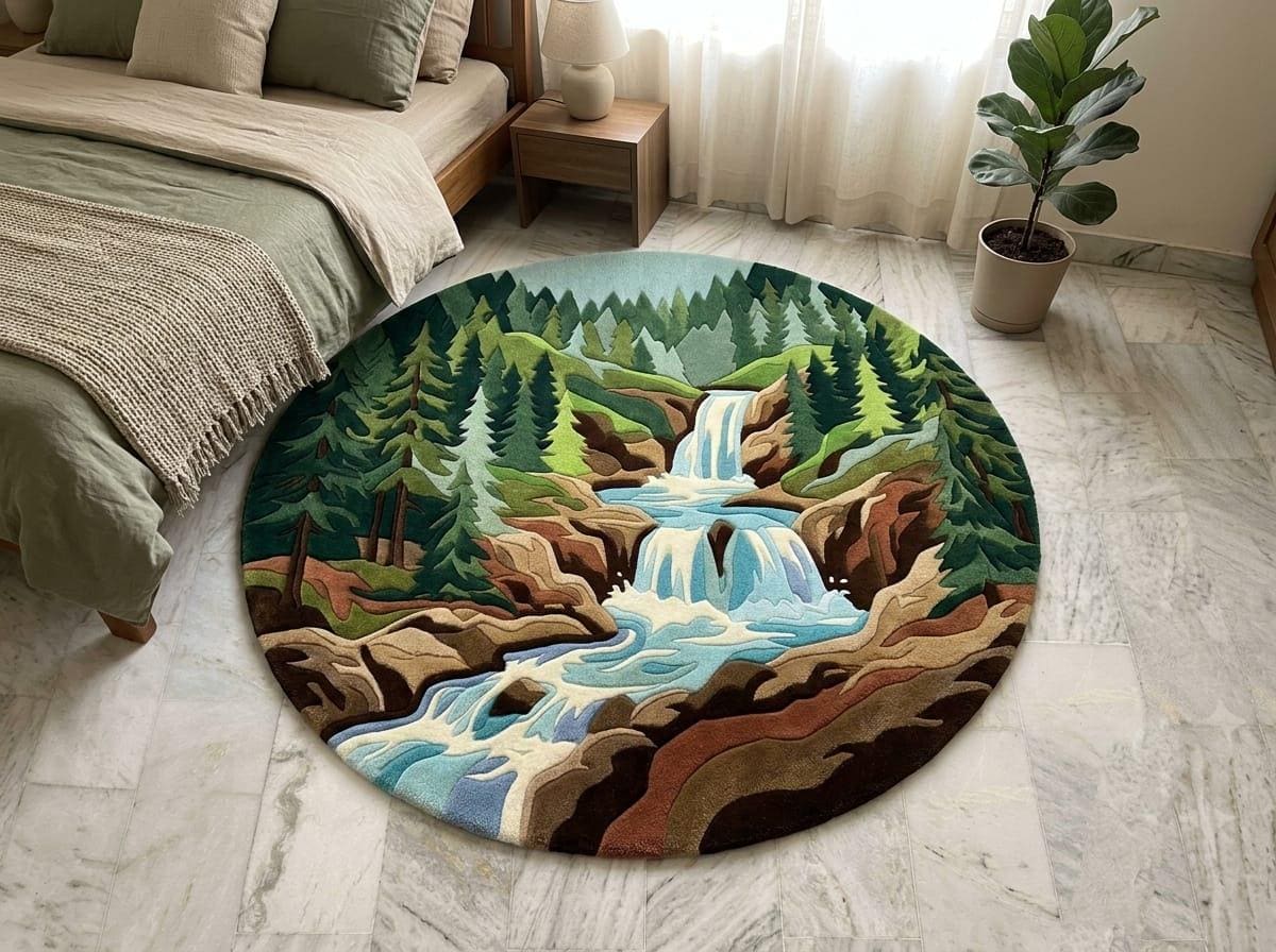 Shubham-Art-Rugs-hand-tufted-new-zealand-wool-round-rug-forest-waterfall-landscape-rustic-cabin-decor  A round area rug featuring a scenic landscape of a waterfall flowing through a forested mountain valley, styled on a light marble floor in a bedroom setting.
