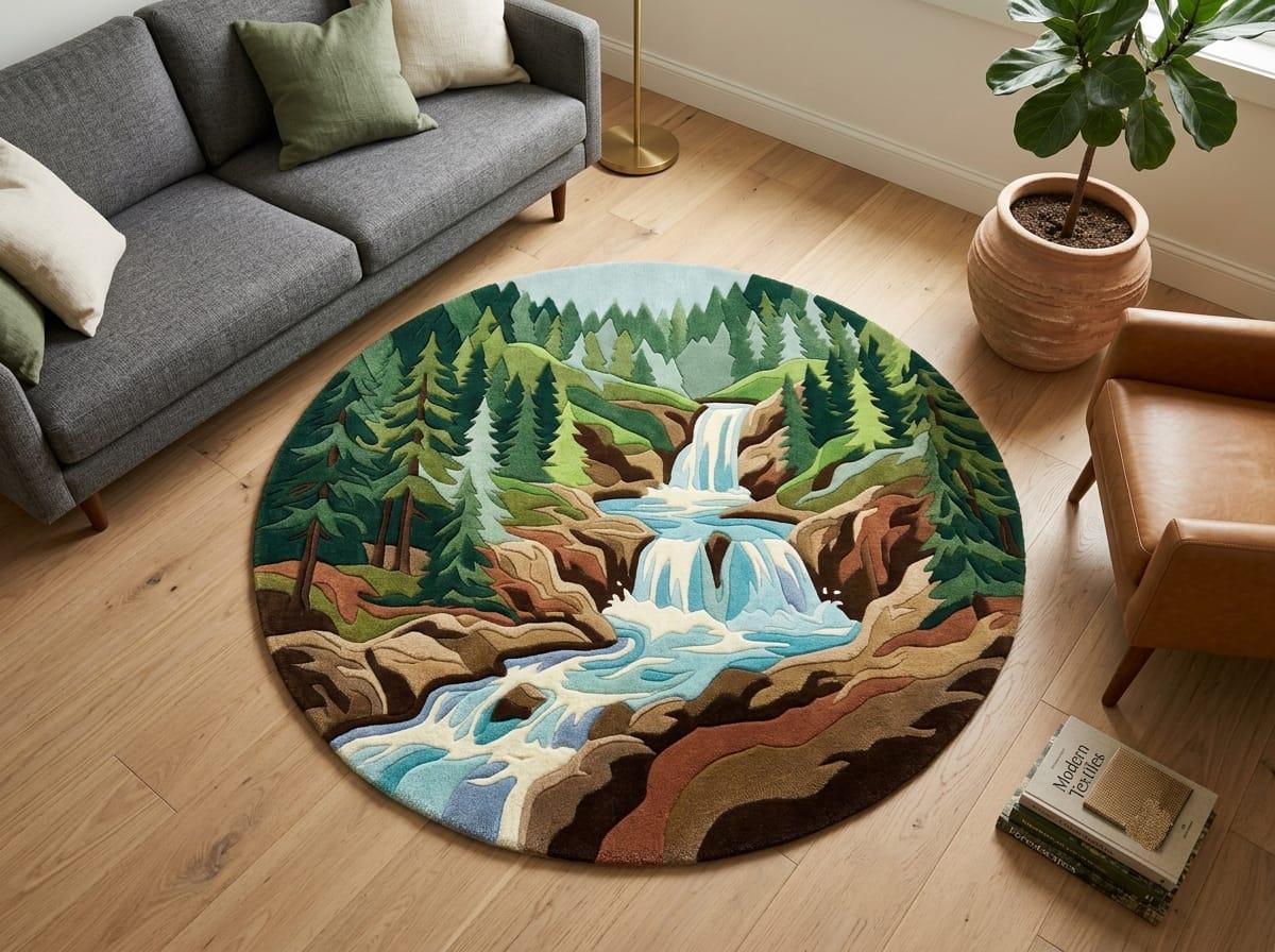 Shubham-Art-Rugs-hand-tufted-new-zealand-wool-round-rug-forest-waterfall-landscape-rustic-cabin-decor  A round area rug featuring a colorful landscape illustration of a waterfall in a pine forest, styled in a modern living room setting on a light wood floor.