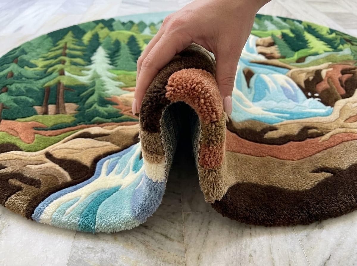 Shubham-Art-Rugs-hand-tufted-new-zealand-wool-round-rug-forest-waterfall-landscape-rustic-cabin-decor A close-up of a hand lifting a rolled section of a plush landscape rug to show its thick texture and multicolor design, featuring green pine trees, brown rocks, and blue water on a light marble floor.