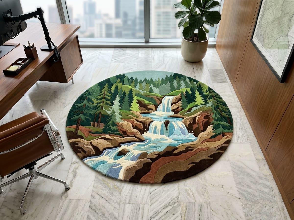  Circular-woodland-scenic-area-rug-3d-high-low-sculpted-pile-texture-forest-green-cascading-blue-waterfall A round area rug featuring a colorful landscape illustration of a waterfall, pine trees, and a winding river, displayed on a light marble floor in a modern office setting.