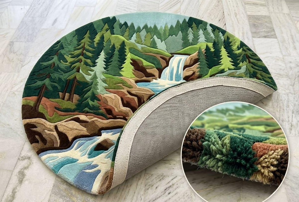 Circular-woodland-scenic-area-rug-3d-high-low-sculpted-pile-texture-forest-green-cascading-blue-waterfall  A round area rug featuring a detailed landscape design of a forest, waterfall, and river, shown partially peeled back to reveal the textured beige backing. A circular inset in the bottom right corner shows a close-up of the plush, high-pile texture of the rug.