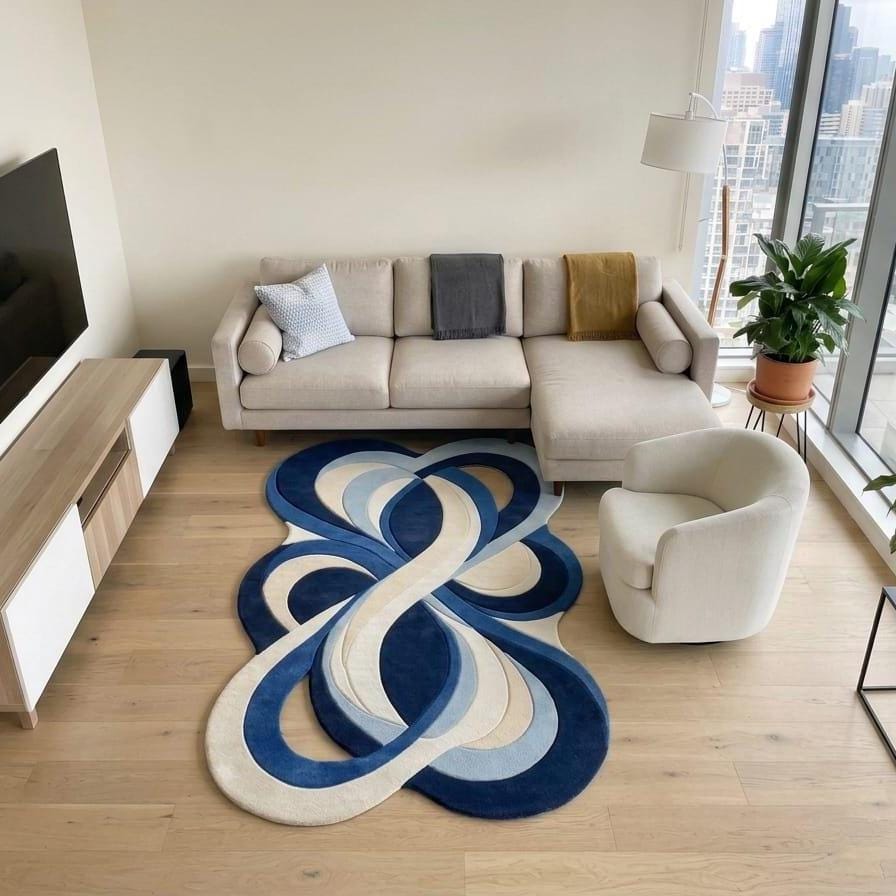 Shubham-Art-Rugs-hand-tufted-new-zealand-wool-rug-blue-abstract-organic-modern-area-carpet A modern living room featuring a large abstract looped area rug in shades of navy, blue, and cream on light wood floors. The room is styled with a beige sectional sofa, a white accent chair, a media console, and a large window overlooking a city skyline.