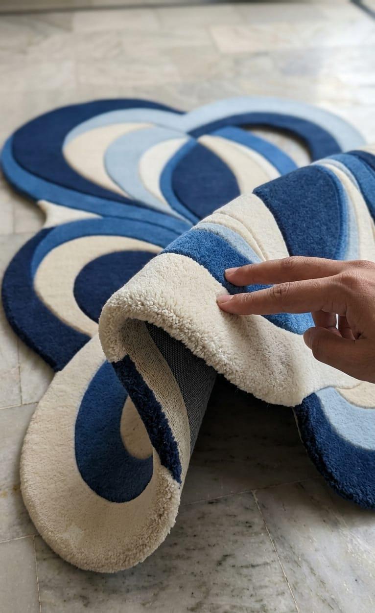 Shubham-Art-Rugs-hand-tufted-new-zealand-wool-rug-blue-abstract-organic-modern-area-carpet A heart-shaped plush rug with layered blue and cream swirl patterns, shown on a light marble floor with a hand lifting one corner to demonstrate its soft texture.