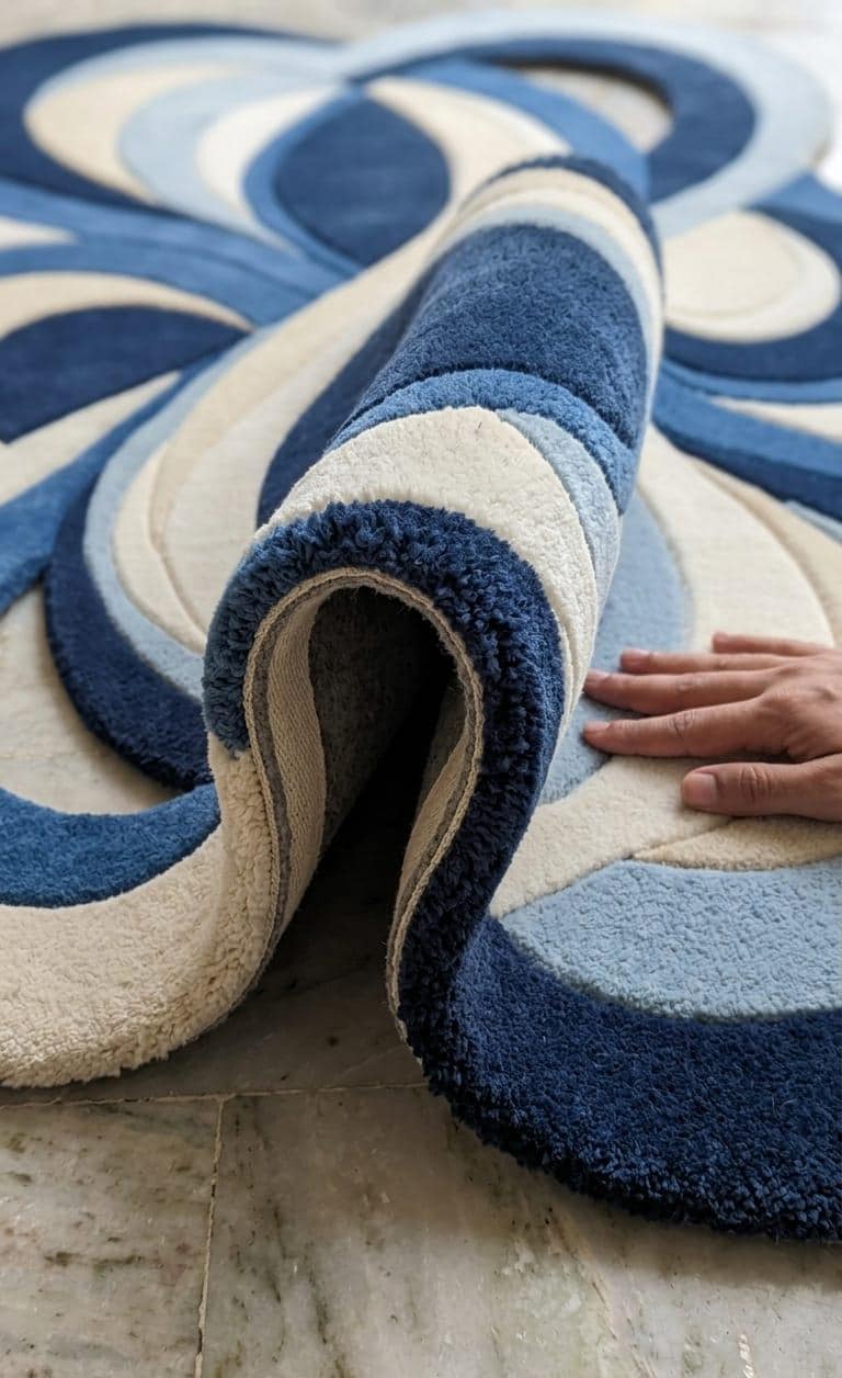 Detailed-3d-hand-carved-high-low-pile-texture-blue-abstract-organic-wool-rug A close-up of a plush area rug with a wavy, abstract pattern in shades of navy, medium blue, and cream. A hand is shown resting on the rolled edge of the rug, which is partially unrolled to reveal its thick texture and cream underside, set on a light stone floor.
