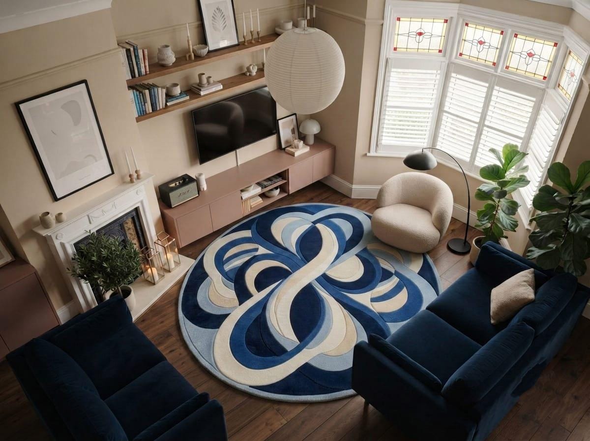 Modern-contemporary-living-room-interior-styling-featuring-luxury-fluid-blue-abstract-organic-area-carpet A round area rug with an abstract blue, navy, and cream infinity symbol pattern, styled in a modern living room with a navy blue sofa, beige armchair, and wooden floors.