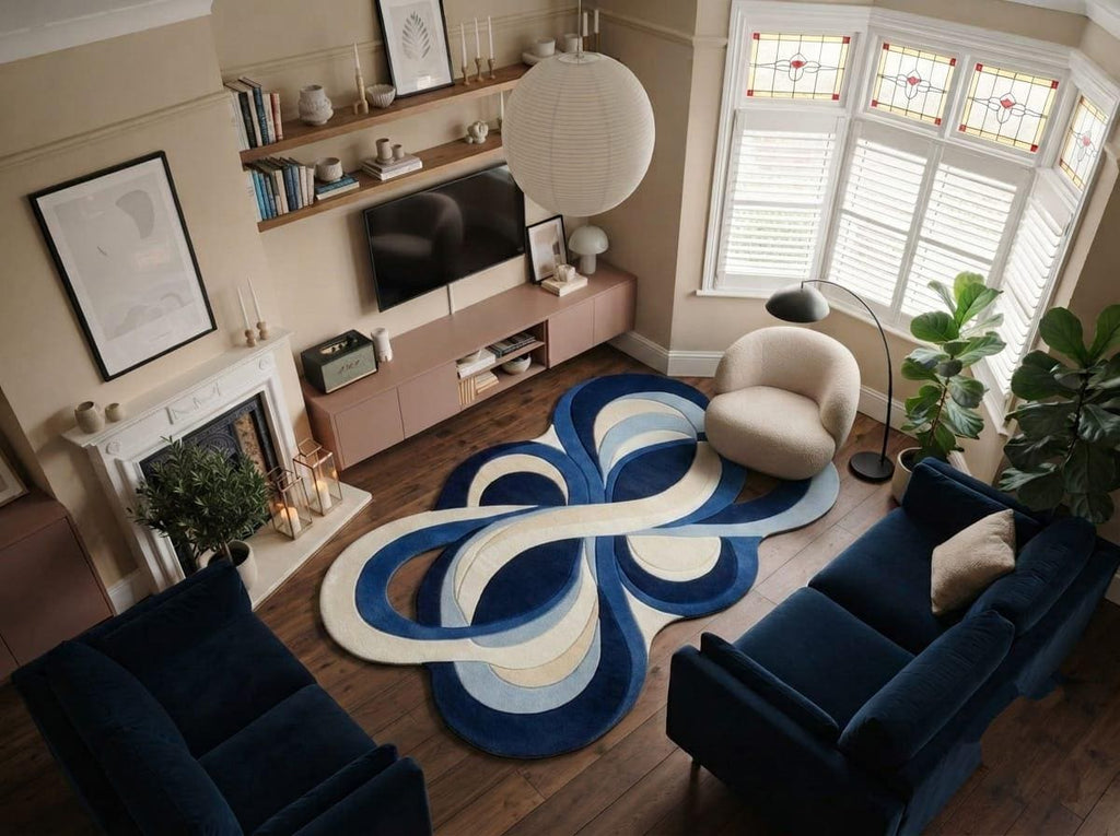 Shubham-Art-Rugs-hand-tufted-new-zealand-wool-rug-blue-abstract-organic-modern-area-carpet A modern living room featuring a large abstract blue, navy, and cream infinity-patterned area rug on a dark wood floor. The room is furnished with a cream armchair, a navy blue sofa, a pink media console, and a fireplace.