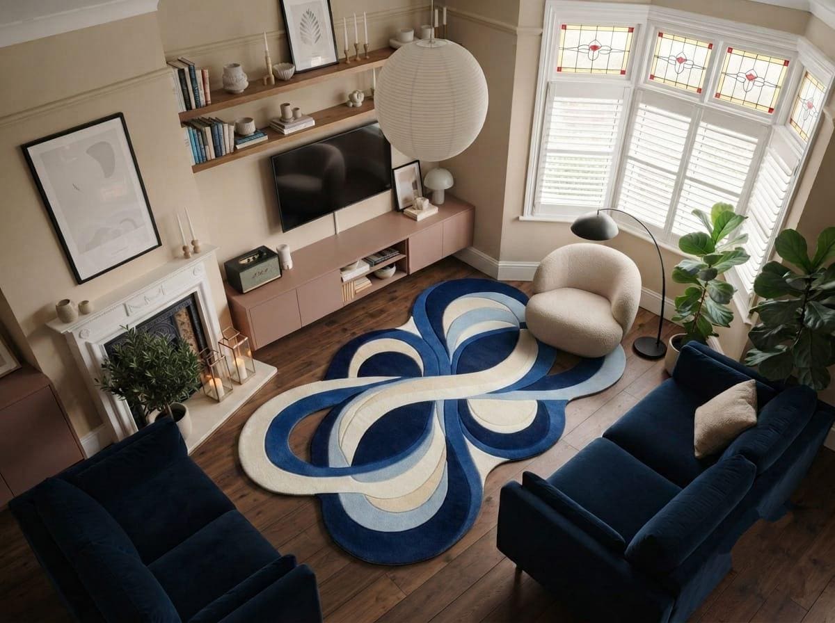 Shubham-Art-Rugs-hand-tufted-new-zealand-wool-rug-blue-abstract-organic-modern-area-carpet A modern living room featuring a large abstract blue, navy, and cream infinity-patterned area rug on a dark wood floor. The room is furnished with a cream armchair, a navy blue sofa, a pink media console, and a fireplace.