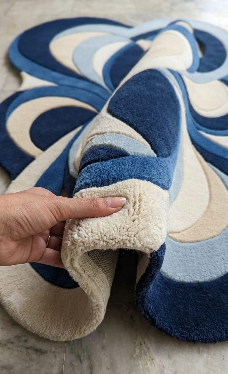 Detailed-3d-hand-carved-high-low-pile-texture-blue-abstract-organic-wool-rugModern-contemporary-living-room-interior-styling-featuring-luxury-fluid-blue-abstract-organic-area-carpet A close-up of a person's hand lifting the corner of a plush, wavy-patterned rug to show its thick cream sherpa backing. The rug features layered, abstract waves in navy blue, medium blue, and cream.