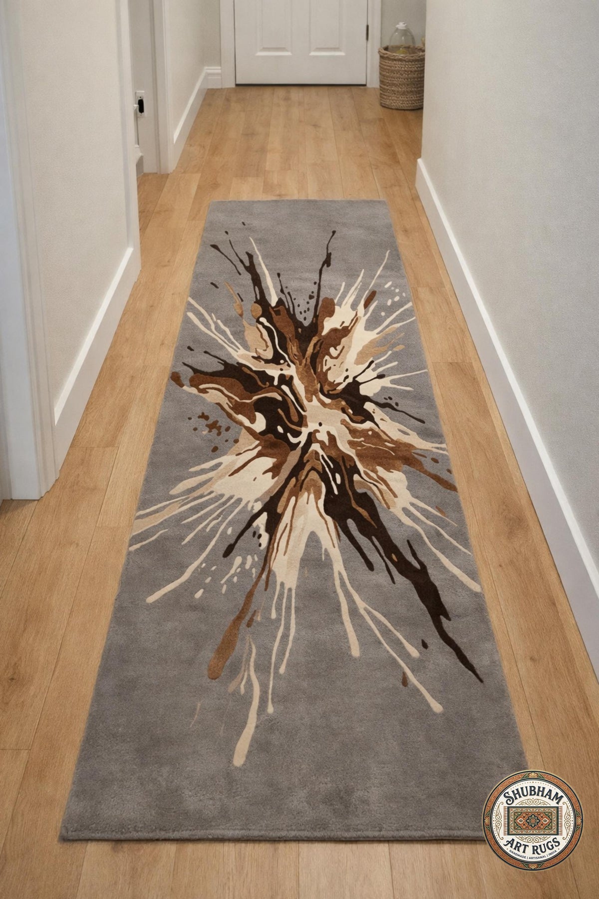 Shubham-Art-Rugs-hand-tufted-wool-abstract-splash-rug-modern-living-room-carpet Gray runner rug with abstract brown and beige design on a wooden floor.