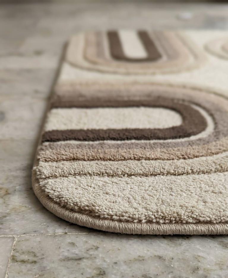 Detailed-3d-sculpted-high-low-pile-texture-new-zealand-wool-neutral-geometric-arch-rug A close-up of a plush area rug with a rounded corner, featuring a retro wavy pattern in beige, cream, and brown tones, laid on a light stone tile floor.