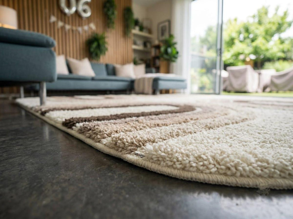 Detailed-3d-sculpted-high-low-pile-texture-new-zealand-wool-neutral-geometric-arch-rug A low-angle shot of a modern area rug with layered beige, cream, and brown textured stripes, shown on a dark concrete floor in a contemporary living room.