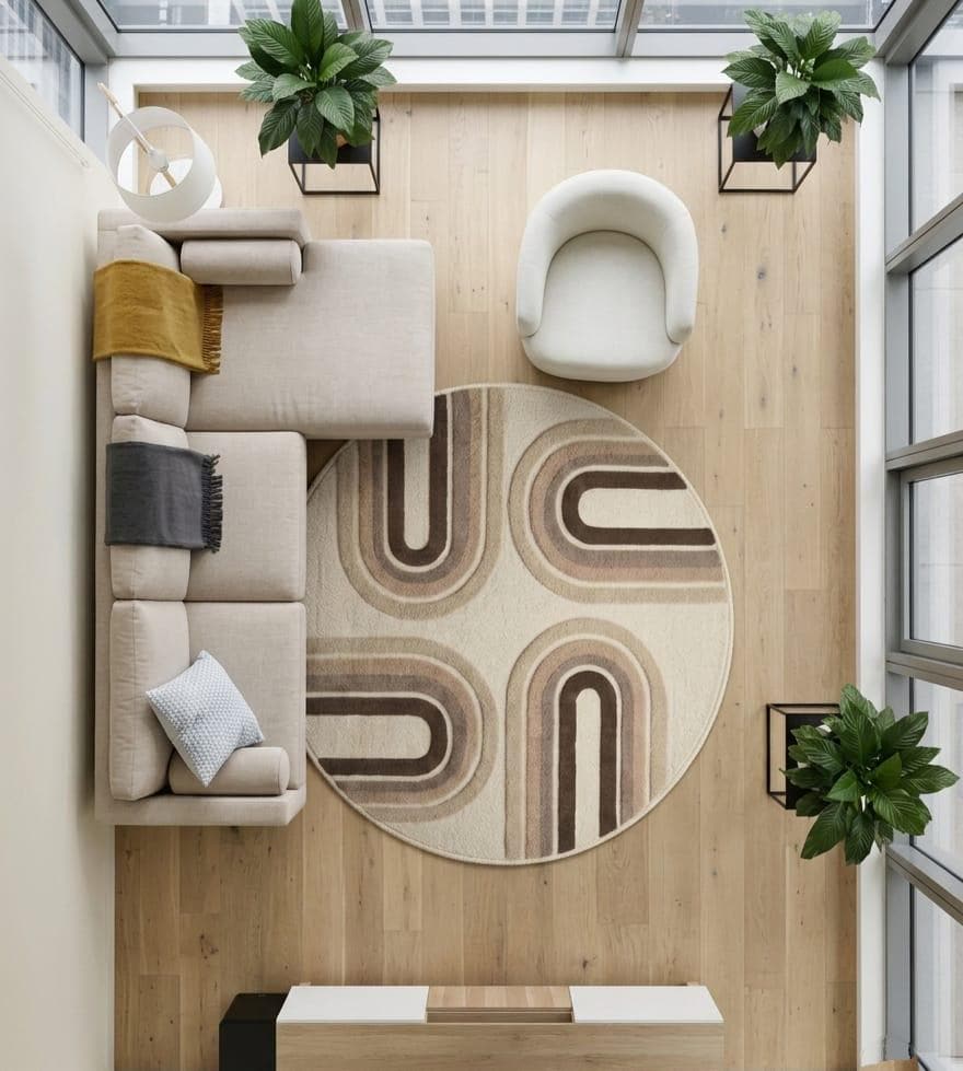 Shubham-Art-Rugs-hand-tufted-wool-arch-rug-mid-century-modern-neutral-high-low-pile-carpet A styled interior scene showing a round area rug with a beige and brown geometric wavy pattern, placed on a light wood floor next to a beige sectional sofa and a white armchair.