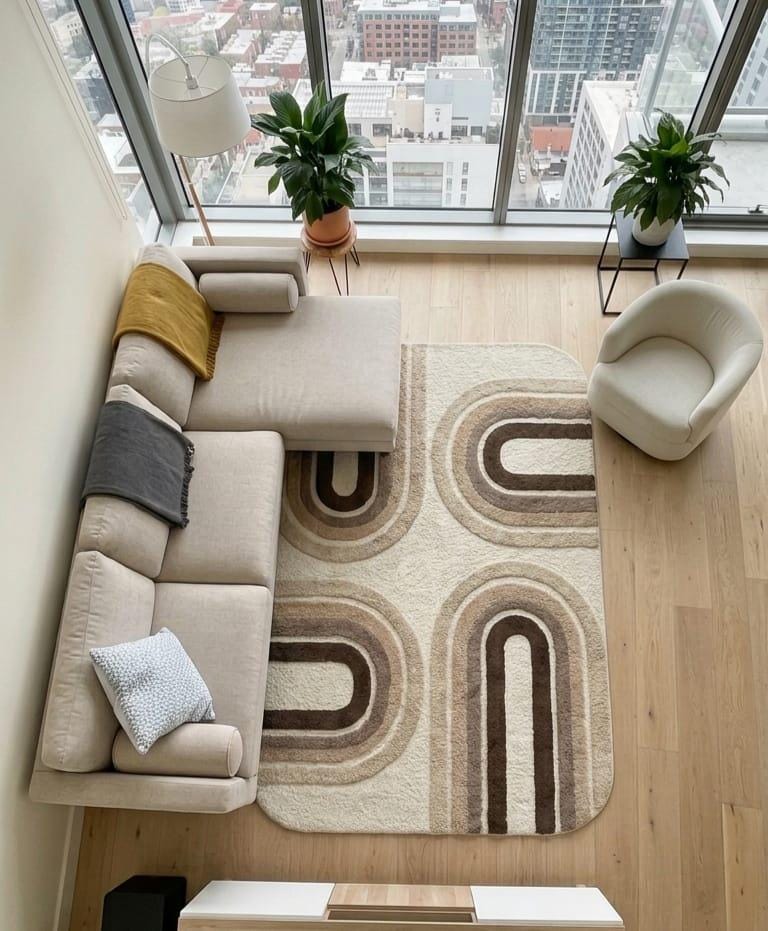 Detailed-3d-sculpted-high-low-pile-texture-new-zealand-wool-neutral-geometric-arch-rugShubham-Art-Rugs-hand-tufted-wool-arch-rug-mid-century-modern-neutral-high-low-pile-carpet A modern living room scene viewed from above, featuring a large beige sectional sofa, a cream accent chair, a patterned area rug with brown and beige arch motifs, and a large floor-to-ceiling window overlooking a city skyline.
