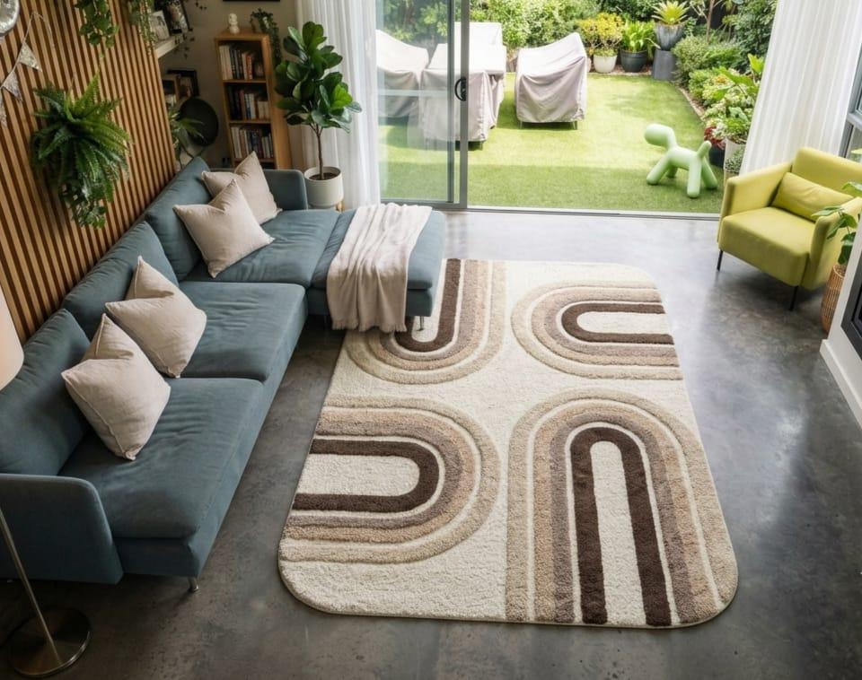Shubham-Art-Rugs-hand-tufted-wool-arch-rug-mid-century-modern-neutral-high-low-pile-carpet A rectangular area rug with a beige, brown, and cream geometric arch pattern, styled in a modern living room next to a blue-gray sectional sofa.