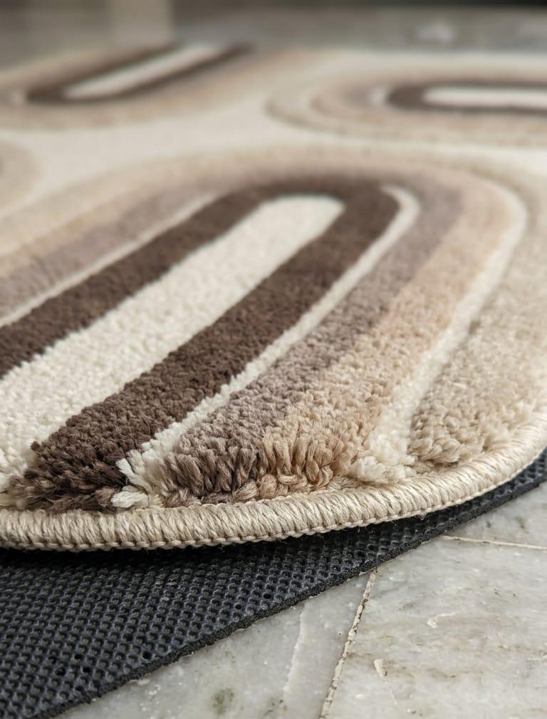 Detailed-3d-sculpted-high-low-pile-texture-new-zealand-wool-neutral-geometric-arch-rugShubham-Art-Rugs-hand-tufted-wool-arch-rug-mid-century-modern-neutral-high-low-pile-carpet A close-up of a textured area rug with concentric arches in beige, cream, and brown, shown on a light stone floor with a dark protective mat partially visible underneath.