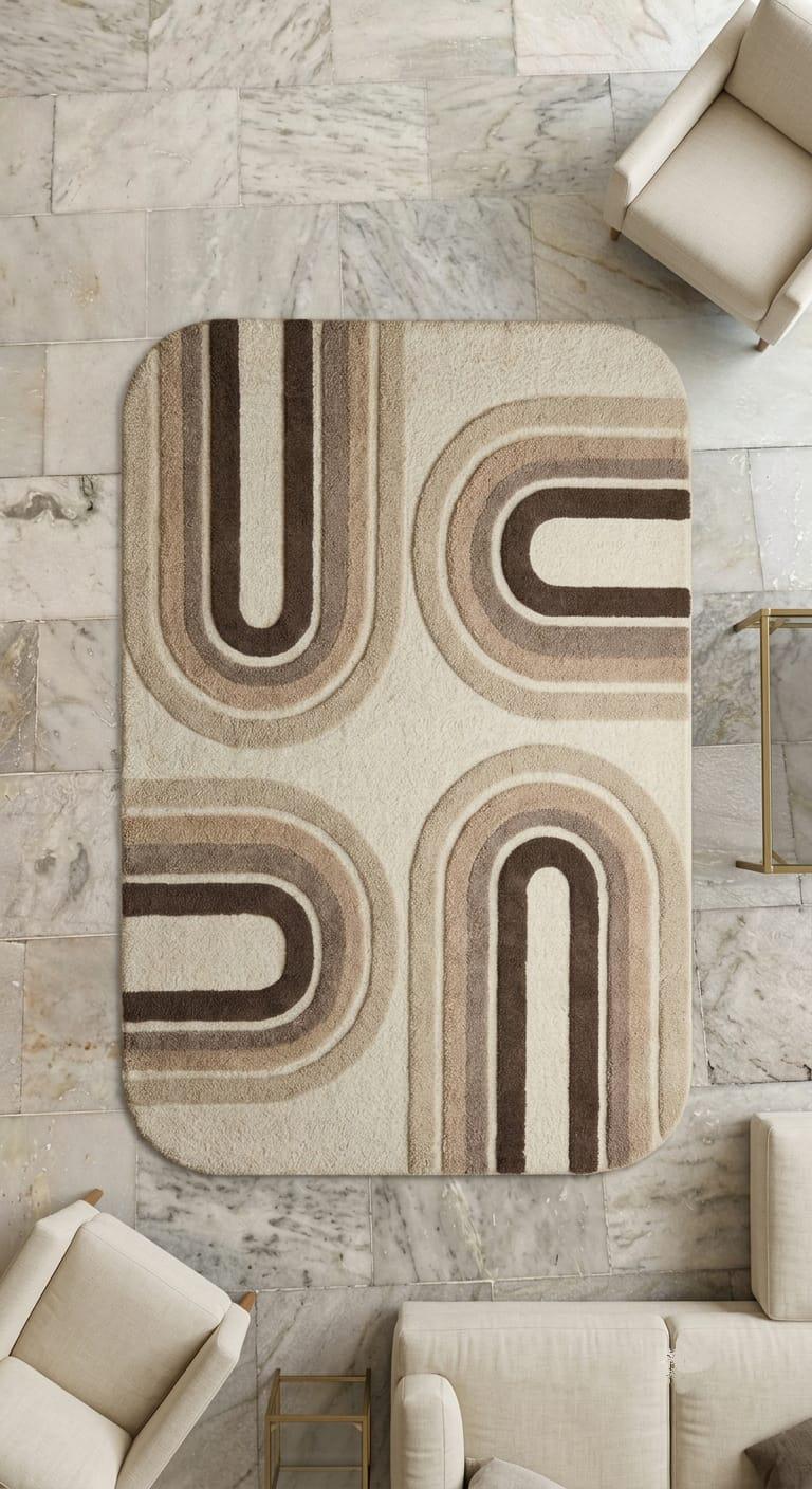 Shubham-Art-Rugs-hand-tufted-wool-arch-rug-mid-century-modern-neutral-high-low-pile-carpet A rectangular area rug with rounded corners, featuring a mid-century modern geometric pattern of four arches in beige, taupe, and dark brown on a cream background. The rug is displayed from a top-down perspective on a light gray marble tile floor, surrounded by neutral beige armchairs.