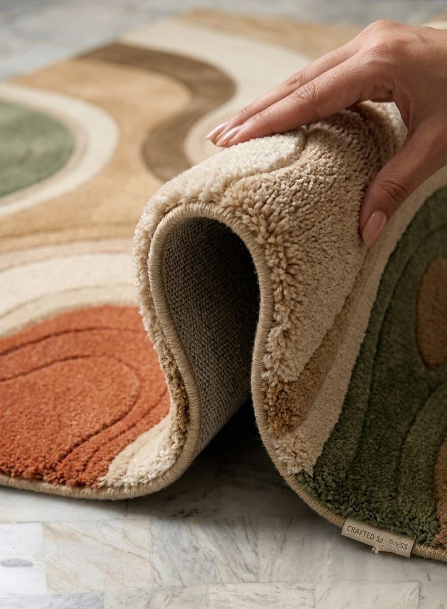 Detailed-hand-carved-high-low-pile-texture-abstract-wavy-sage-green-wool-rug-Shubham-Art-Rugs-hand-tufted-wool-area-rug-abstract-wavy-sage-green-terracotta-beige-contemporary-home-carpet  A close-up of a plush area rug being held by a hand, showing its soft texture and layered abstract pattern in beige, rust orange, and sage green on a light marble floor.