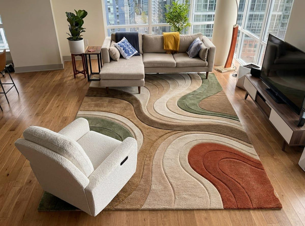 Shubham-Art-Rugs-hand-tufted-wool-area-rug-abstract-wavy-sage-green-terracotta-beige-contemporary-home-carpet  A large modern area rug with abstract wavy swirls in beige, cream, brown, muted green, and terracotta, shown in a bright contemporary living room with a sectional sofa, accent chair, and TV.